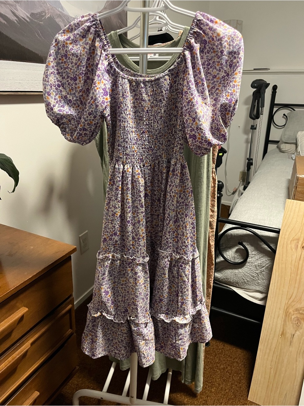 Smocked Puff-Sleeve Floral Midi Dress in Lavender